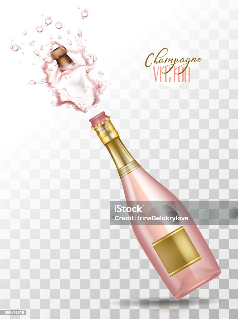 vector realistic pink champagne explosion Realistic pink champagne explosion. Photo realistic pink glass bottle with gold label popping its cork splashing. Christmas, new year, birthday celebration vector illustration, transparent background Champagne stock vector