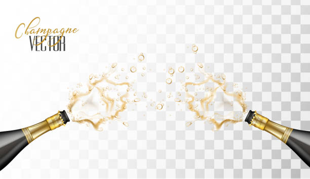 illustrazioni stock, clip art, cartoni animati e icone di tendenza di vettore esplosione champagne realistico primo piano - party business toast champagne