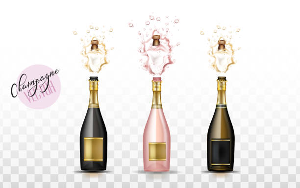 illustrazioni stock, clip art, cartoni animati e icone di tendenza di vettore realistico esplosione champagne set - party business toast champagne