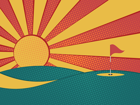 Golf background. Abstract golf course, hole, flag and sun. Vector illustration.