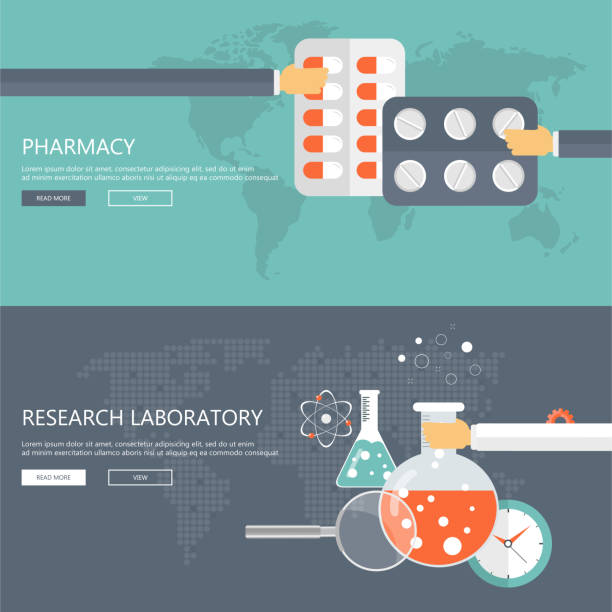 istock Pharmacy and research laboratory banners. Health care and medicine concept. Flat vector illustration 880505504