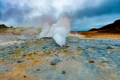 Near the city of Myvatn, Hverir is a geothermal area in the Krafla region of Iceland at the foothill of Namafjall. Features include colorful sulphurous mud springs, steam vents, cracked mud and fumaroles.