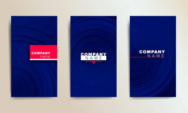 Vector illustration of Set of three blue vertical abstract business cards with graphic elements.