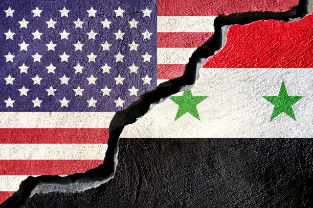 istock Concept american and Syria flag on cracked background 880541178