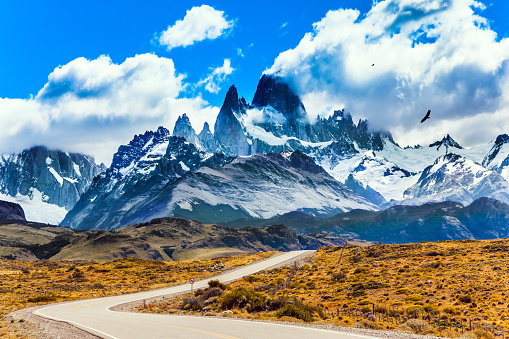 Summer day in Argentine Patagonia. Fine highway to the majestic Mount Fitz Roy. The concept of active and extreme tourism. The Andean condors hover over the prairie