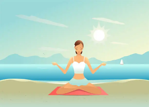Vector illustration of Young woman doing yoga on the beach