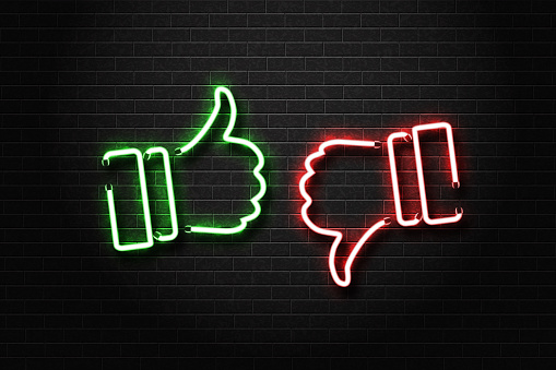 Vector realistic isolated neon signs of thumbs up and down on the wall background. Concept of rating, network and social media.