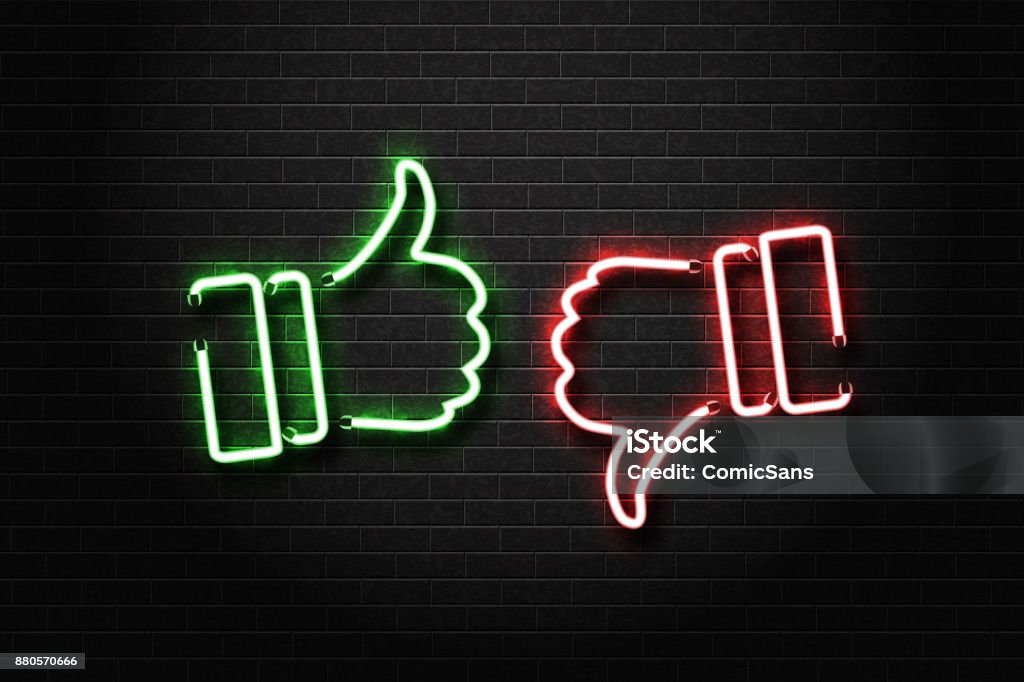 Vector realistic isolated neon signs of thumbs up and down on the wall background. Concept of rating, network and social media. Neon Lighting stock vector