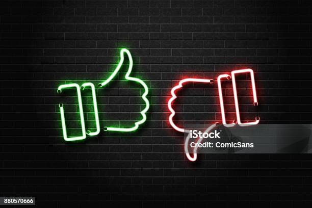 Vector Realistic Isolated Neon Signs Of Thumbs Up And Down On The Wall Background Concept Of Rating Network And Social Media Stock Illustration - Download Image Now