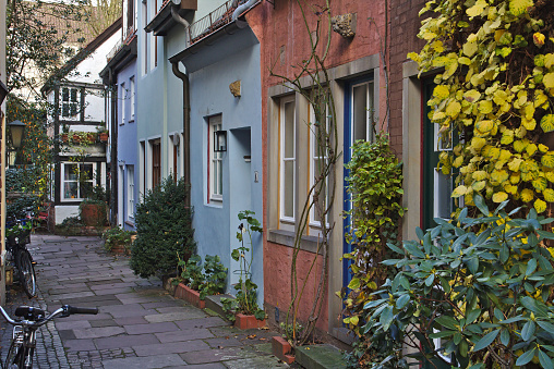 Narrow residential street with small town houses in the historic Schnoor district