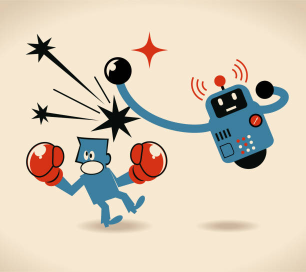 ai 실업: 자동화의 위험에 일. 로봇에 의해 공격 되 고 격파 사업가 박 서 - punching machine stock illustrations