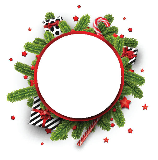 ilustrações de stock, clip art, desenhos animados e ícones de christmas background with fir branches and gifts. - candy cane christmas candy frame