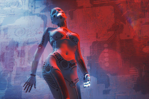 istock Futuristic cyborg leaning on the wall 880586776