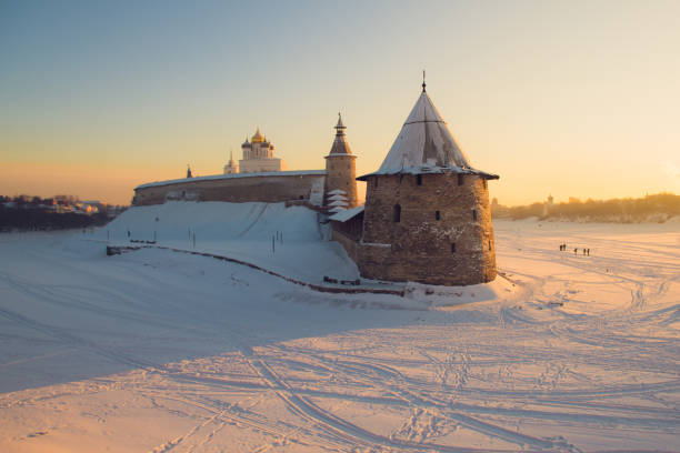 Pskov kremlin. River Velikaya. Russian winter. stock photo