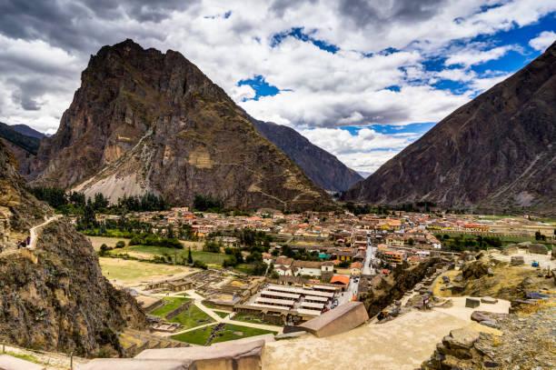 istock View over Ollantaytambo Peru with blue sky and clouds 880603078