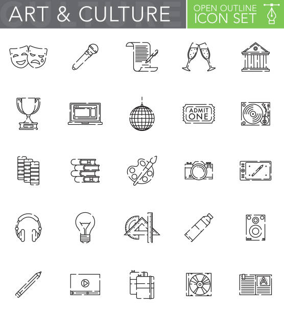 Arts & Culture Open Outline Icon Set in Flat Design Style A thin line flat design icon set with trendy small breaks in the outlines to add character and personality. File is cleanly built and easy to edit. Vector file is built in the CMYK color space for optimal printing. movie sound clips stock illustrations
