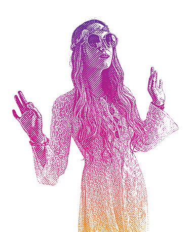 Engraving illustration of a Boho Hippie Woman spiritual leader with halftone pattern background