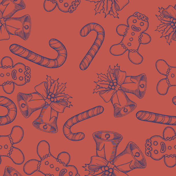 사탕 지팡이 gingerbreadman 완벽 한 패턴으로 크리스마스 종과. 벡터 - 5079 stock illustrations