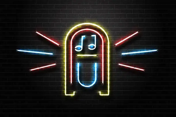 Vector illustration of Vector realistic isolated neon sign of jukebox for decoration and covering on the wall background. Concept of music, dj and concert.