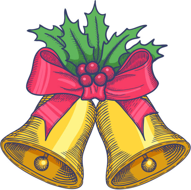 goldene glocken mit bogen knoten und holly berry. vektor - lampionpflanze stock-grafiken, -clipart, -cartoons und -symbole