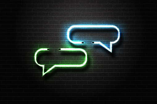 Vector realistic isolated neon retro speech bubbles for decoration and covering on the wall background. Concept of message and network.