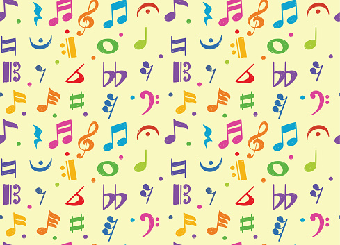 Seamless pattern of colorful musical note doodle symbol