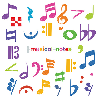 Set of colorful doodle musical note symbol isolated over white background