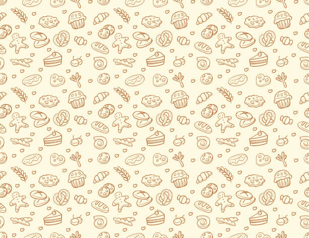 illustrations, cliparts, dessins animés et icônes de modèle de boulangerie & pâtisserie vectorielle continue - baking food bread bakery