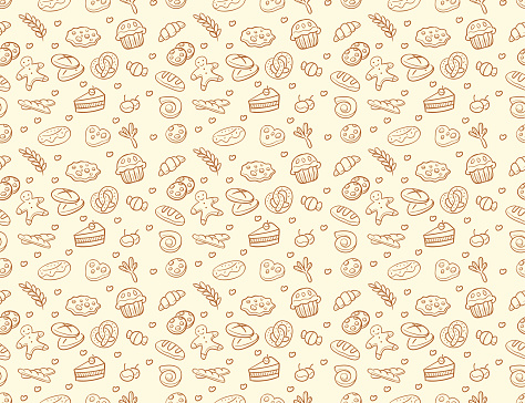 Seamless vector bakery & pastry pattern in brown color isolated over light color