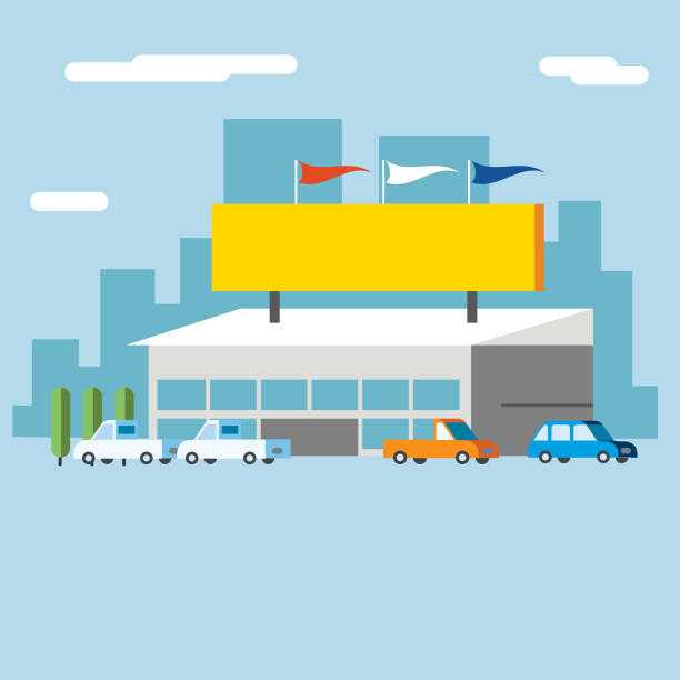 Dealership Large building or dealership with vehicles on the forecourt and advertising billboard on the roof glass showroom stock illustrations