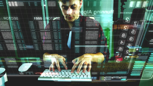 사이버 공격을 - computer language hologram men computer hacker 뉴스 사진 이미지