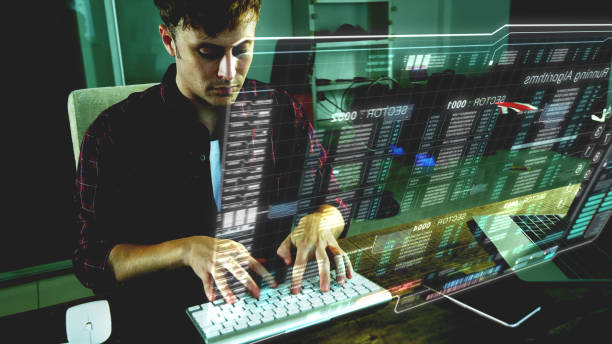 사이버 공격을 - computer language hologram men computer hacker 뉴스 사진 이미지