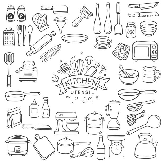 Doodle kitchen utensil sketch Set of doodle kitchen utensil outline in black isolated over white background kitchen utensil stock illustrations