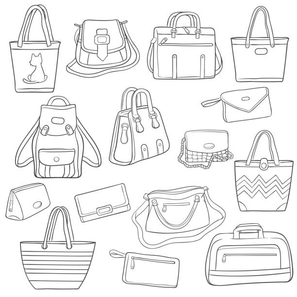 Set of black and white outline fashion bags collection Outline sketch fashion bags collection isolated over white background beach bag stock illustrations