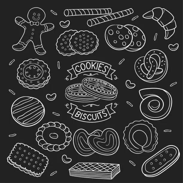 Vector illustration of set of doodle  cookies and biscuit in chalkboard