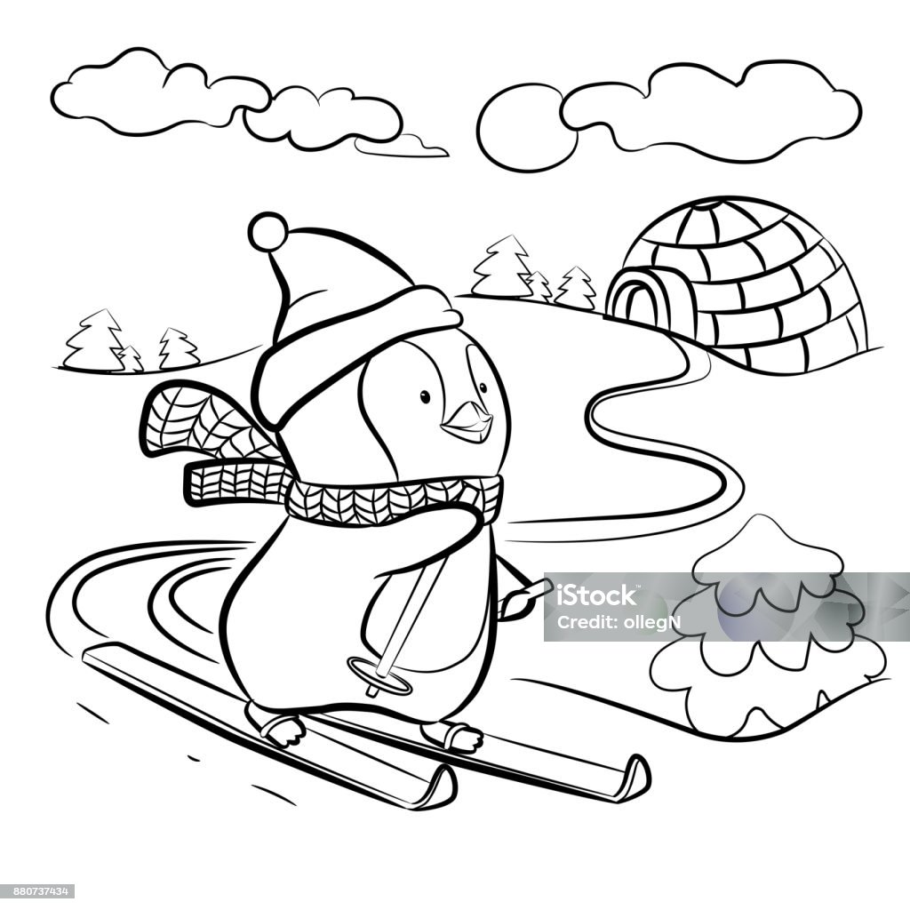 Kids coloring page Kids coloring page. Penguin on skis vector illustration. Coloring Book Page - Illlustration Technique stock vector