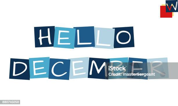 Hello December Cartooned Cutout Text In Blue Colored Rotated Squares Stock Illustration - Download Image Now