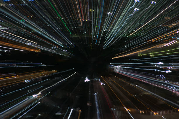 istock light lines with long exposure,  speed motion abstract background in the dark night ,  blast zoom effect , zoom burst of light in the city 880748308