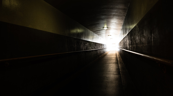 3d rendering of dark abstract sci-fi tunnel with neon light, Futuristic spaceship corridor.