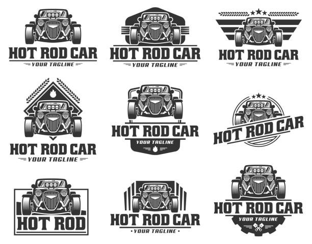 ilustraciones, imágenes clip art, dibujos animados e iconos de stock de coche hot rod, hotrod vector emblema, diseño vector hot rod, hot rod vector - bólido
