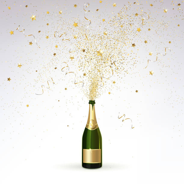 Champagne and Gold Confetti Champagne splashes of gold confetti on a light background day drinking stock illustrations
