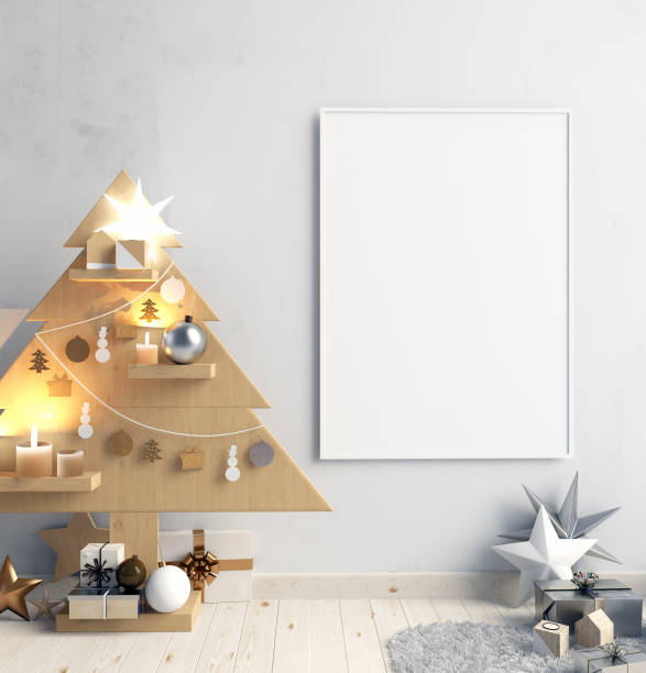istock Modern minimalistic Christmas interior, Scandinavian style. 3D illustration. poster mock up 880792746