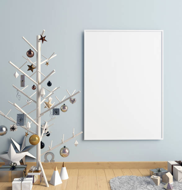 istock Modern minimalistic Christmas interior, Scandinavian style. 3D illustration. poster mock up 880792748
