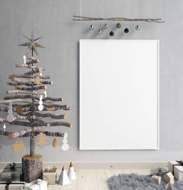 istock Modern minimalistic Christmas interior, Scandinavian style. 3D illustration. poster mock up 880792754