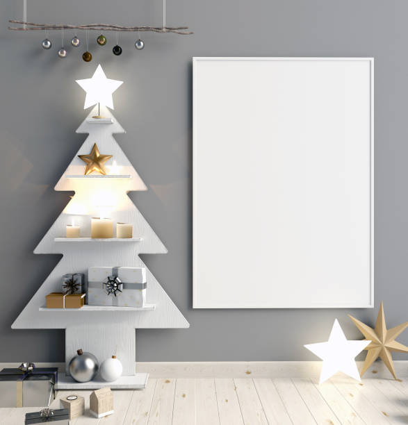 istock Modern minimalistic Christmas interior, Scandinavian style. 3D illustration. poster mock up 880792762