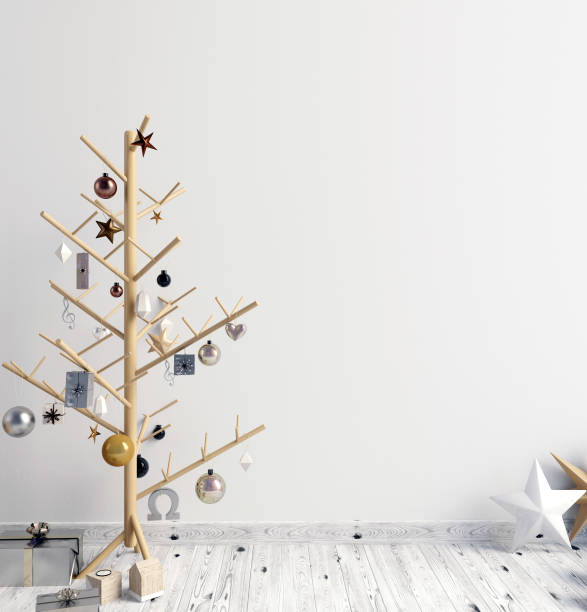 istock Modern minimalistic Christmas interior, Scandinavian style. 3D illustration. wall mock up 880792772