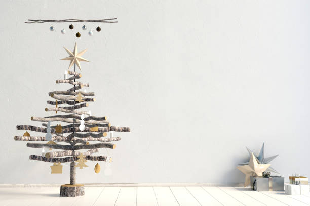 Modern minimalistic Christmas interior, Scandinavian style. 3D illustration. wall mock up