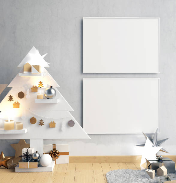 istock Modern minimalistic Christmas interior, Scandinavian style. 3D illustration. poster mock up 880792778