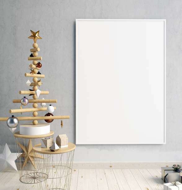 istock Modern minimalistic Christmas interior, Scandinavian style. 3D illustration. poster mock up 880792782