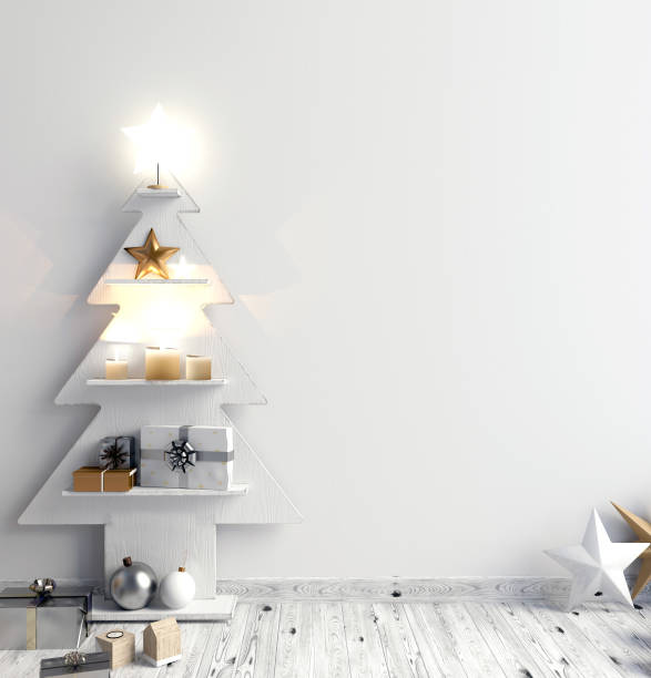 istock Modern minimalistic Christmas interior, Scandinavian style. 3D illustration. wall mock up 880792784